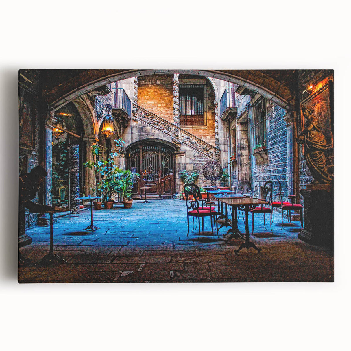 Black and white large art print of Barcelona scenery on stretched canvas, ideal for kitchen wall art or bedroom ambiance.