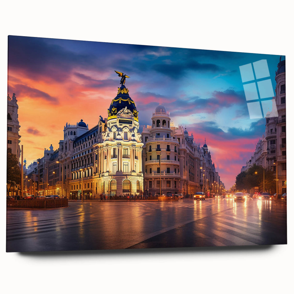 Large abstract depiction of Madrid skyline in muted earth tones on acrylic glass, ideal for bedroom or dining room art.