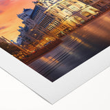 Art deco poster of Madrid skyline in muted earth tones on rolled canvas, suitable for dining room wall art.