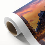 Art Deco poster of Madrid skyline in pastel shades on rolled canvas, ideal for nursery wall art.