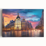 Black and white photo of Madrid skyline on stretched canvas, suitable as large kitchen wall art.