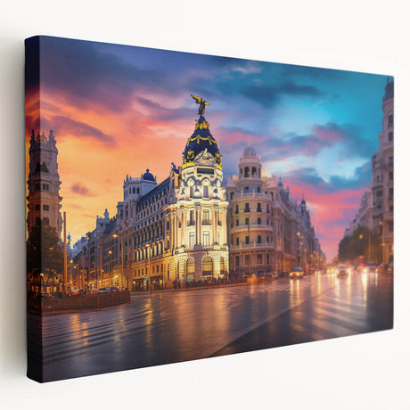Large stretched canvas featuring a detailed Madrid cityscape in muted earth tones, ideal for kitchen wall art.