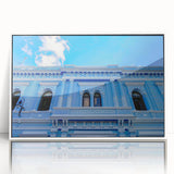 Art deco poster of Yucatan scenery in Mexico, featuring muted earth tones on white framed acrylic.