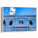 Framed canvas vintage poster art of Yucatan, Mexico, featuring colorful scenery against a black background.