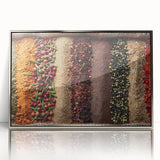 Mid-century modernist Dubai skyline in silver acrylic frame, with muted earth tones, ideal for modern art wall decor.