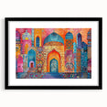 Extra large abstract art print depicting a colorful, textured scenery of a Middle Eastern landscape, in a black frame.