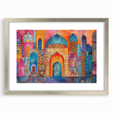 Textured abstract art print depicting a Middle Eastern scenery in muted earth tones, framed with a silver mat.