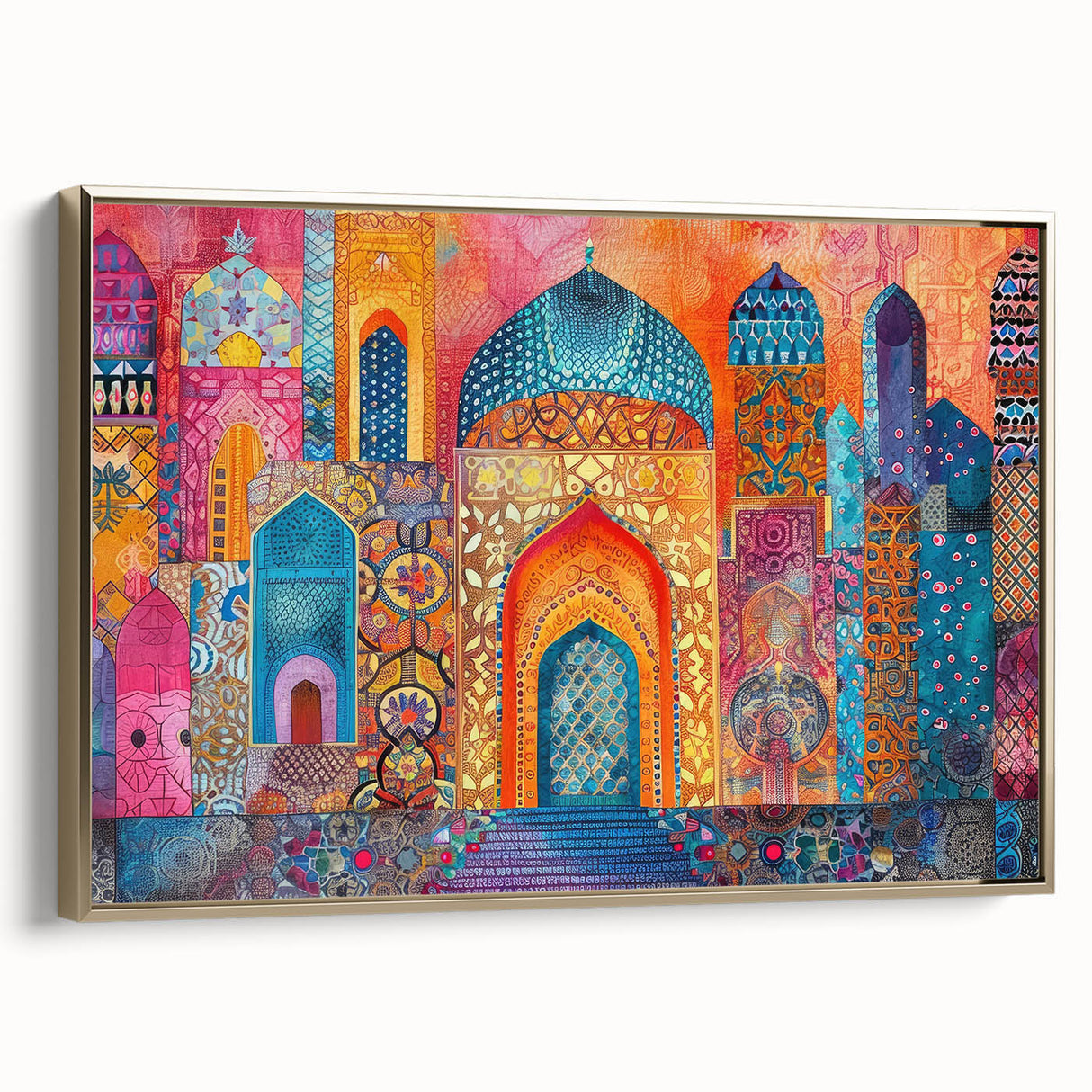 Vintage poster art of an Iranian landscape on a framed canvas with gold and black tones, ideal for bedroom decor.