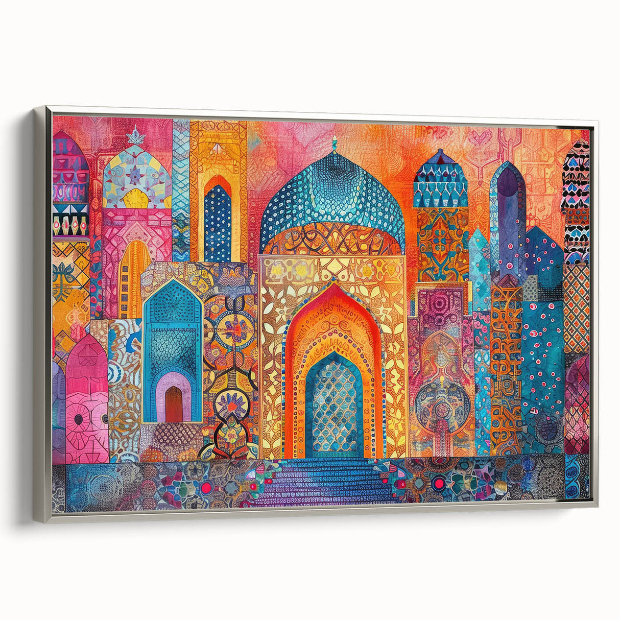 Framed canvas landscape art painting depicting a colorful vintage Middle Eastern scene, ideal for living room decor.