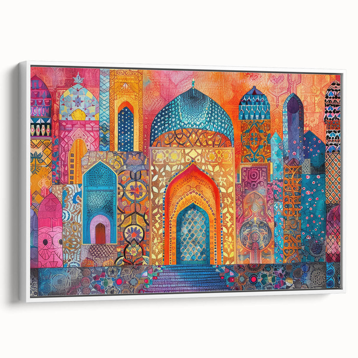 Vintage poster art of a Middle Eastern scenery on extra large framed canvas with colorful imagery.