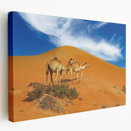Large stretched canvas depicting a serene Oman landscape in earthy tones, ideal for kitchen wall art.