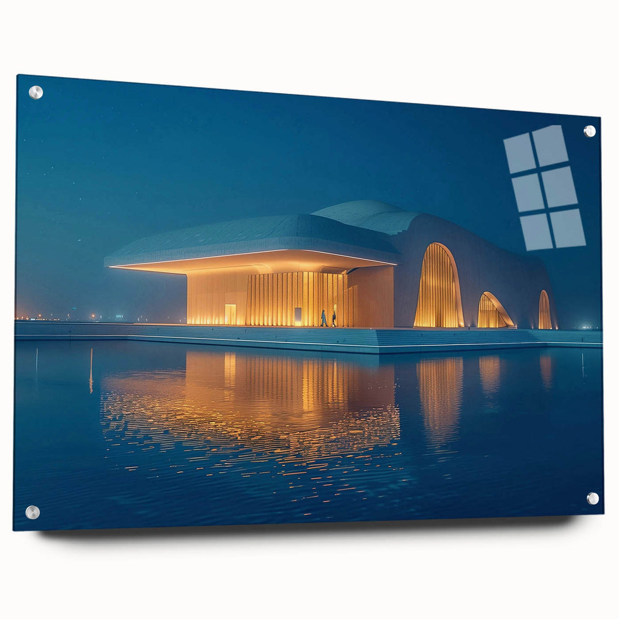 Large abstract wall art of Abu Dhabi skyline in muted blue and gray tones on acrylic glass.