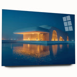 Large abstract wall art of Abu Dhabi skyline in muted blue tones on acrylic glass, ideal for bedroom or dining room decor.