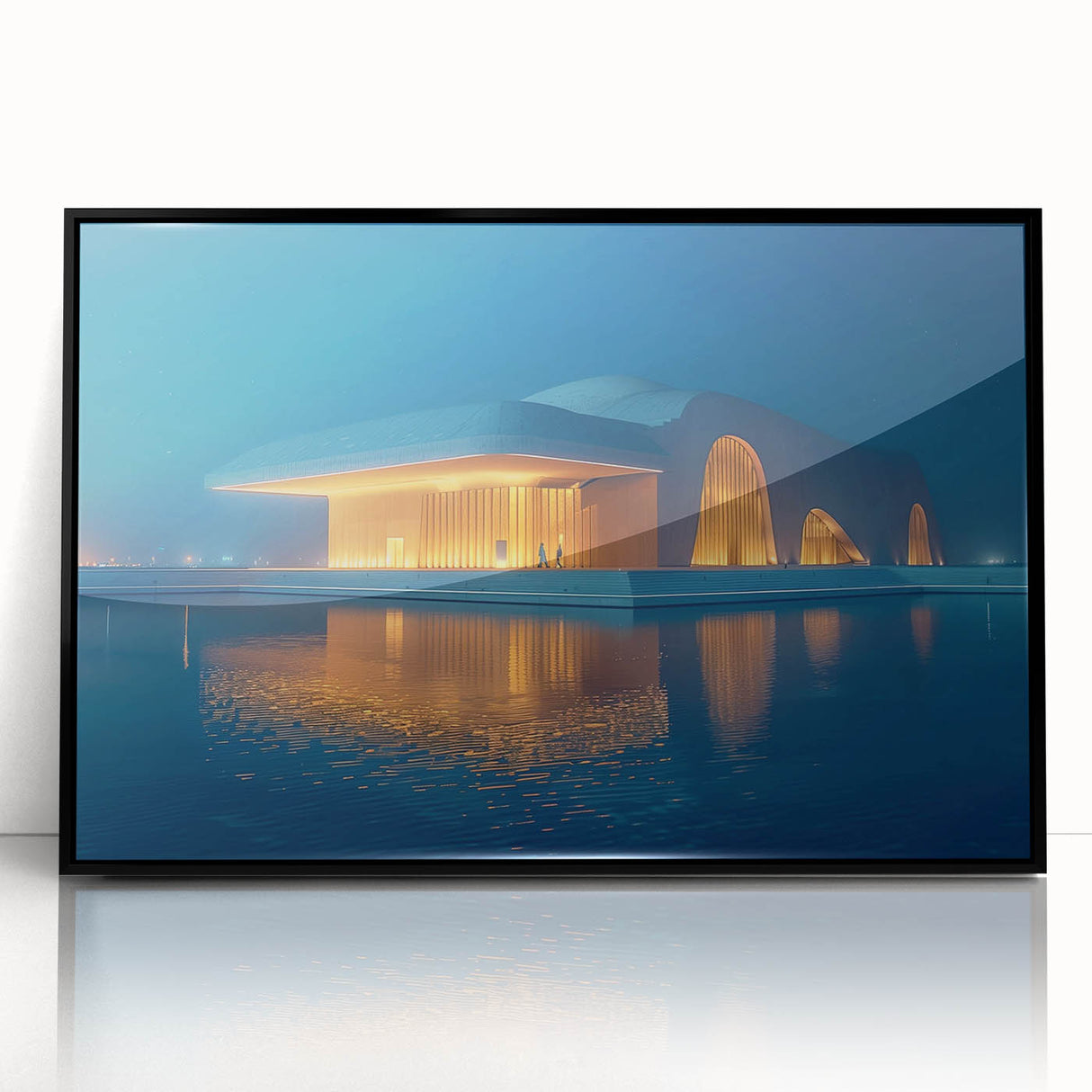 Large abstract wall art featuring a mid-century modernist design of Abu Dhabi scenery in muted earth tones on a framed…