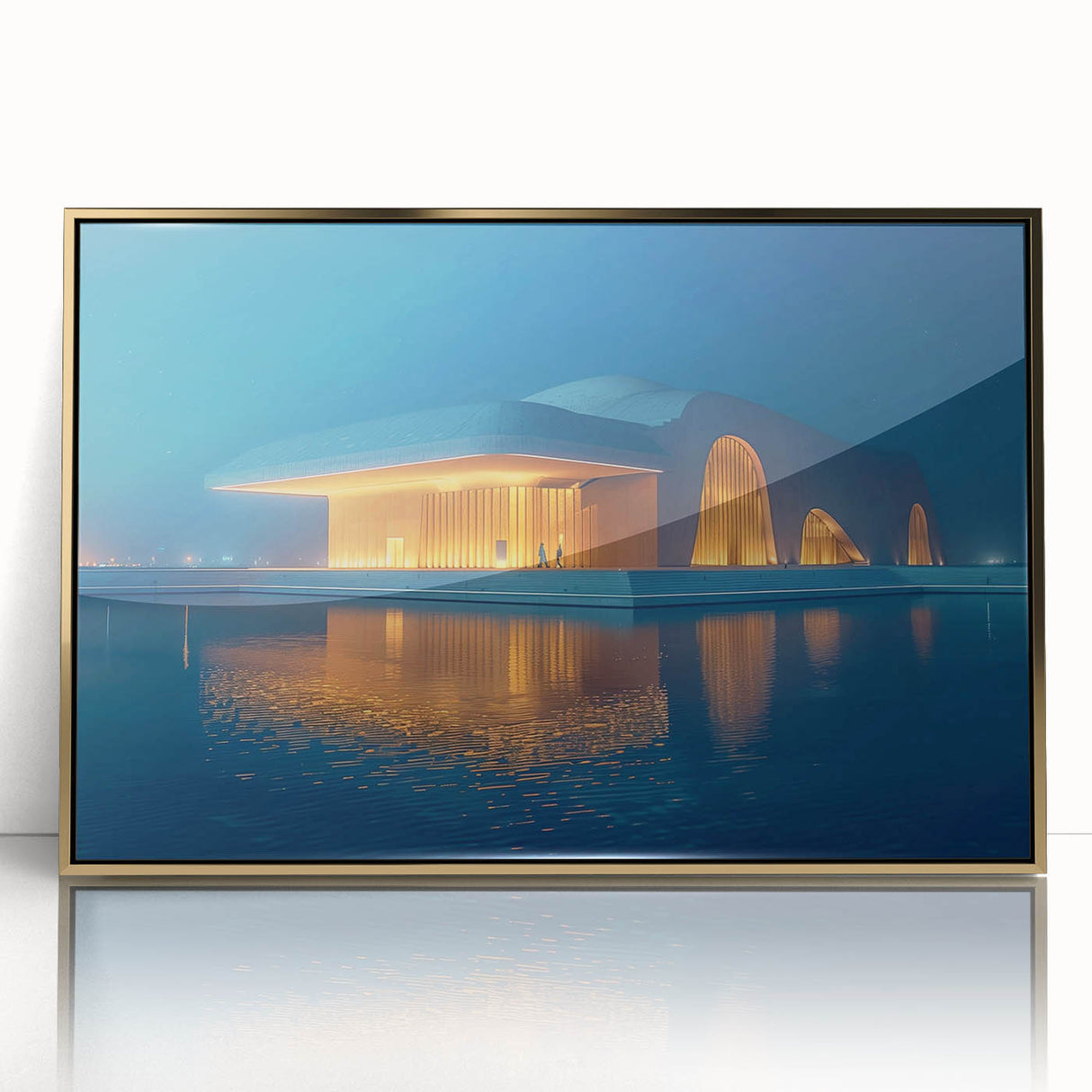Framed acrylic print of Abu Dhabi skyline in muted gold and blue tones, ideal for modern art wall decor.