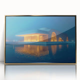Framed acrylic print of Abu Dhabi skyline in muted gold and blue tones, ideal for modern art wall decor.