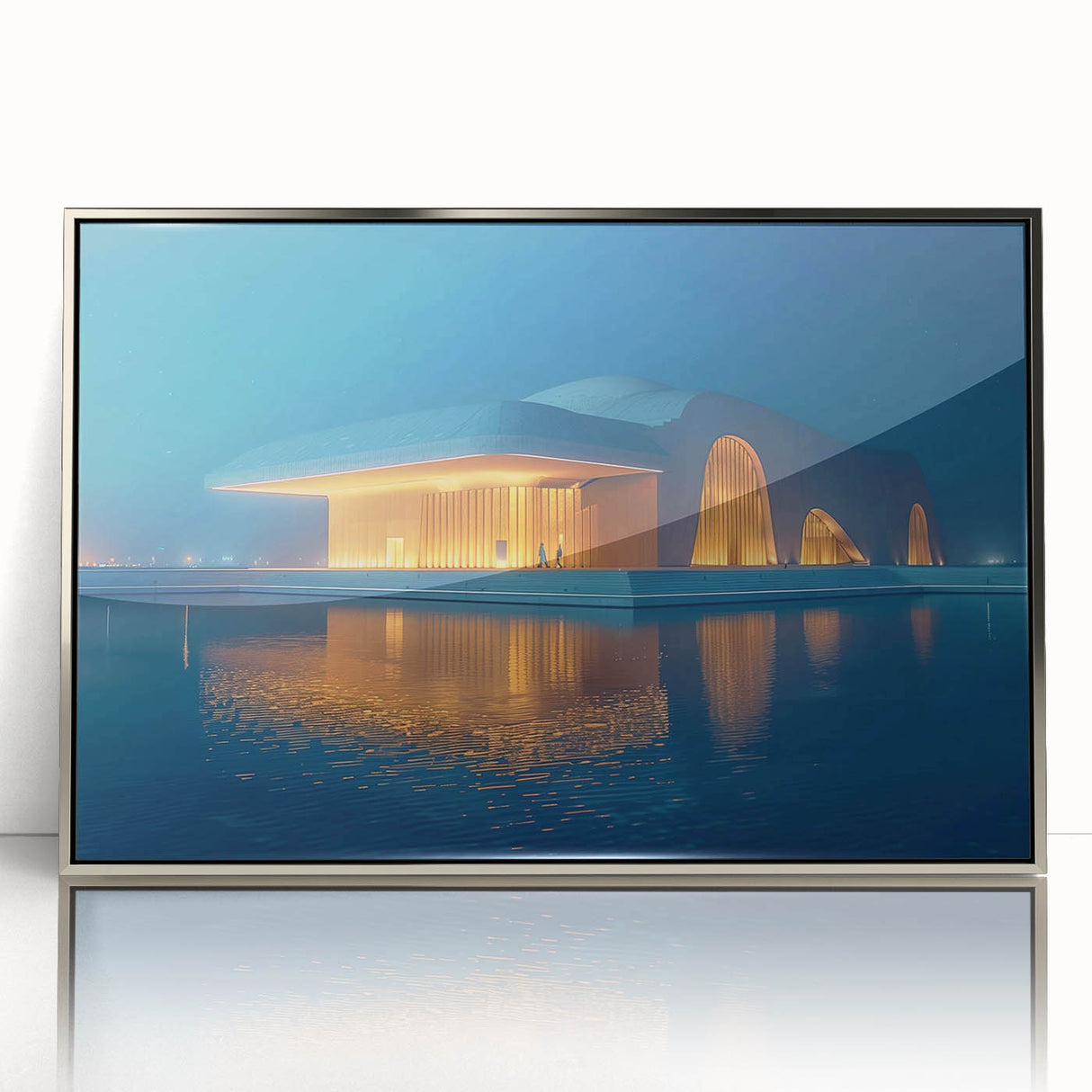 Mid-century modernist art depicting Abu Dhabi skyline in muted silver tones on a framed acrylic print.