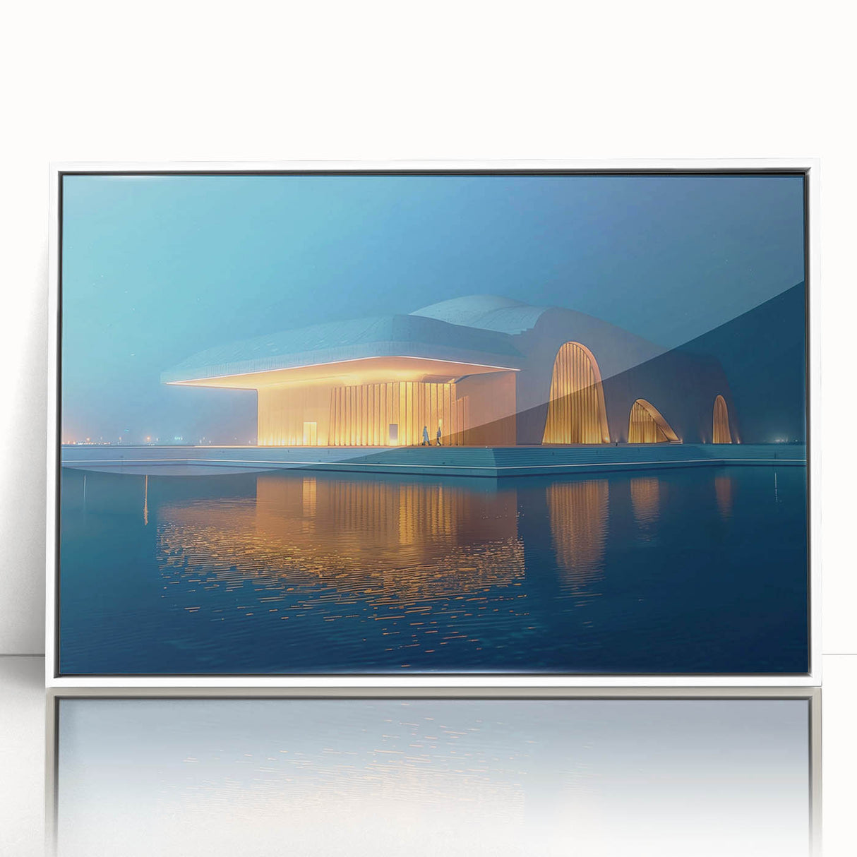 Art Deco style poster of Abu Dhabi skyline in muted metallic tones, acrylic framed, suitable for modern art wall decor.