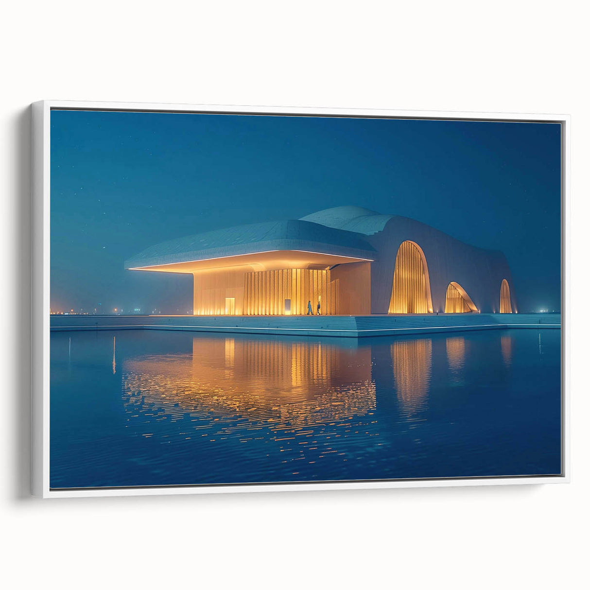Vintage poster art of Abu Dhabi skyline in colorful hues on a large framed canvas, ideal for living room decor.