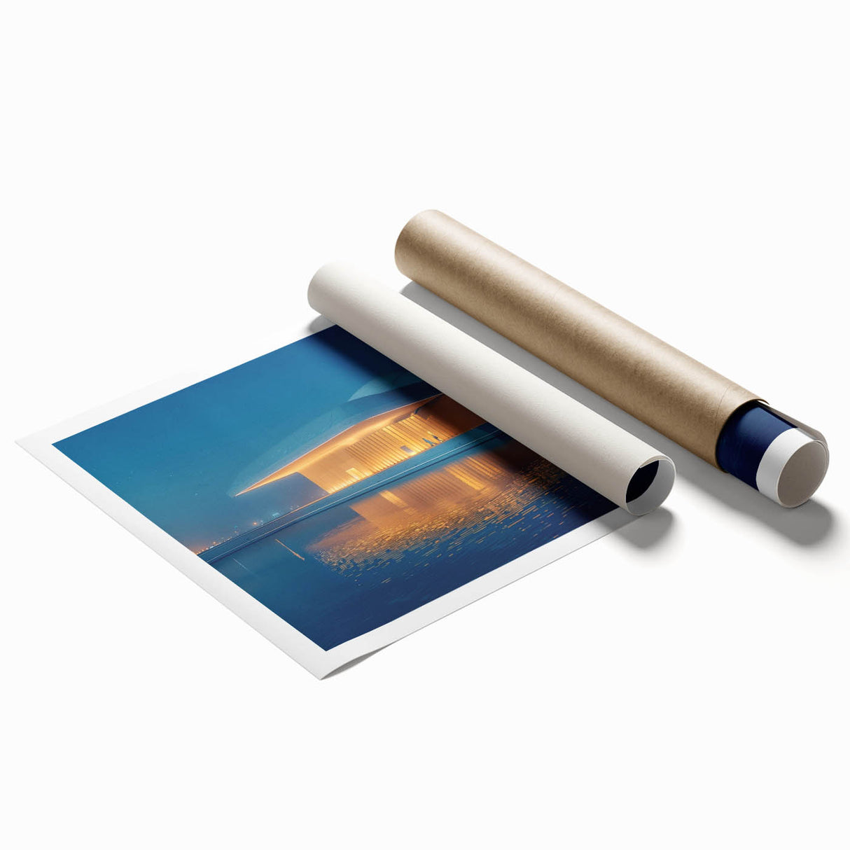 Extra large rolled print of Abu Dhabi skyline with vibrant twilight hues, ideal for classy bathroom wall art.
