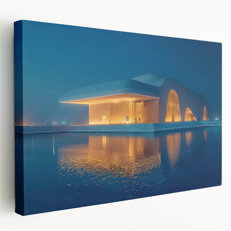Panoramic view of Abu Dhabi skyline in muted gray and blue tones on stretched canvas, suitable for kitchen wall art.