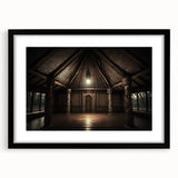 Abstract art print of vibrant, colorful textures depicting Oceania scenery on a large black-framed canvas.