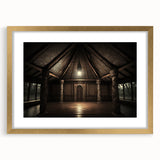 Extra large abstract art print of a textured oceanic scene in muted blue and green tones on a framed canvas.