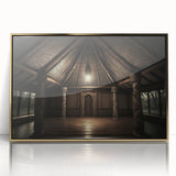 Mid-century modernist style large art print of a Fiji oceanic scenery in vibrant blue and green hues, acrylic in gold frame.