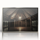 Mid-century modernist art of a serene Fiji landscape in cool blues and greens, acrylic print in a silver frame.