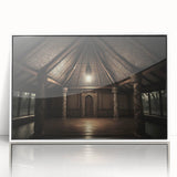 Art Deco style poster of Oceania, Fiji scenery in muted blue and green tones, framed acrylic.