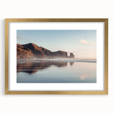 Extra large abstract art print of Auckland's skyline in textured hues of blue and grey on a gold-framed canvas.