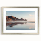 Textured art print of Auckland skyline in muted blue and gray tones on a silver-framed canvas, suitable for bedroom decor.