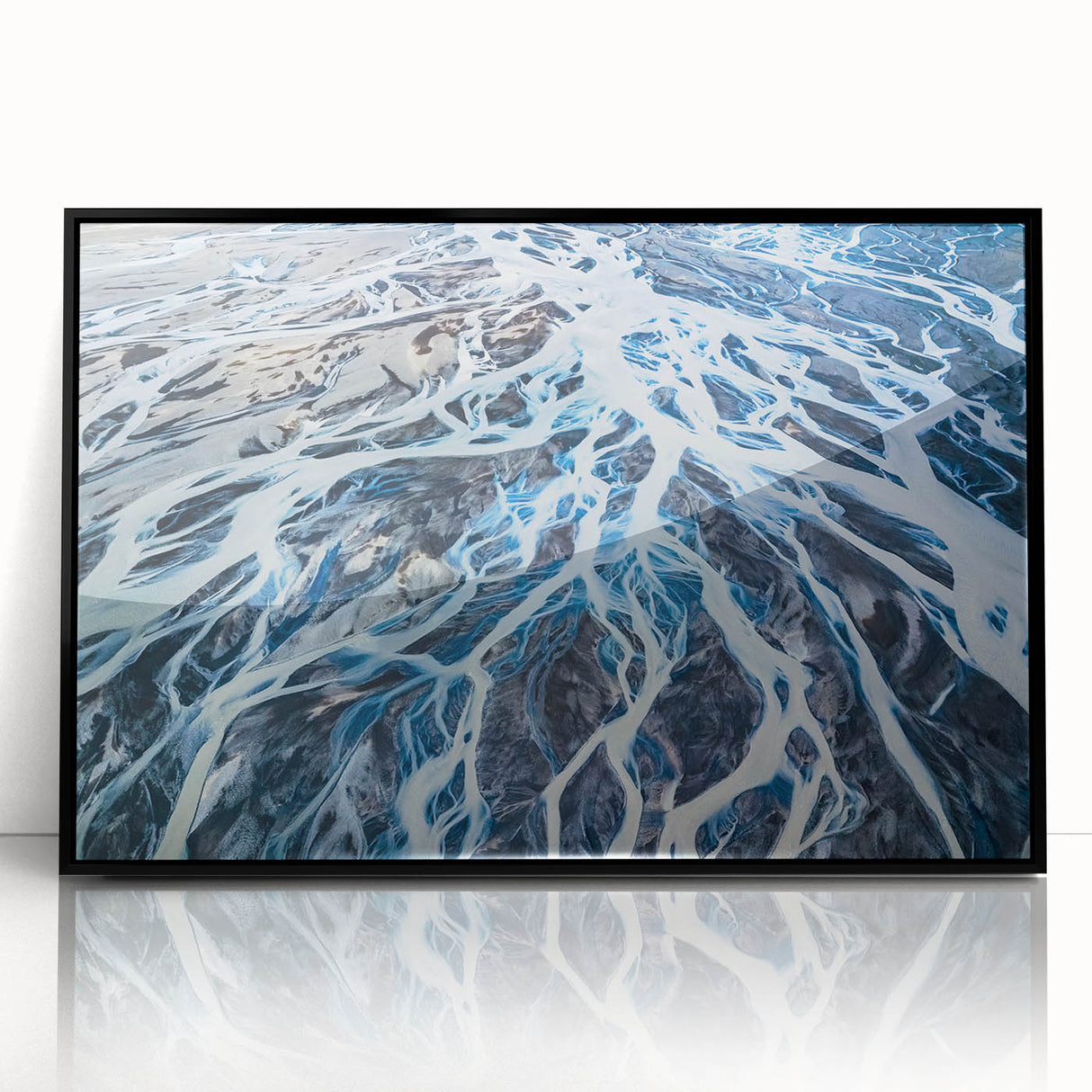 Large abstract wall art featuring a serene New Zealand Canterbury landscape in muted earth tones, framed in black acrylic.