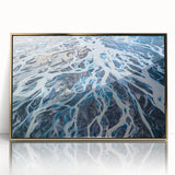 Mid-century modernist art of New Zealand Canterbury scenery in gold framed acrylic, featuring muted earth tones.