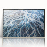 Mid-century modernist art of Canterbury, New Zealand scenery in muted earth tones on a silver-framed acrylic.