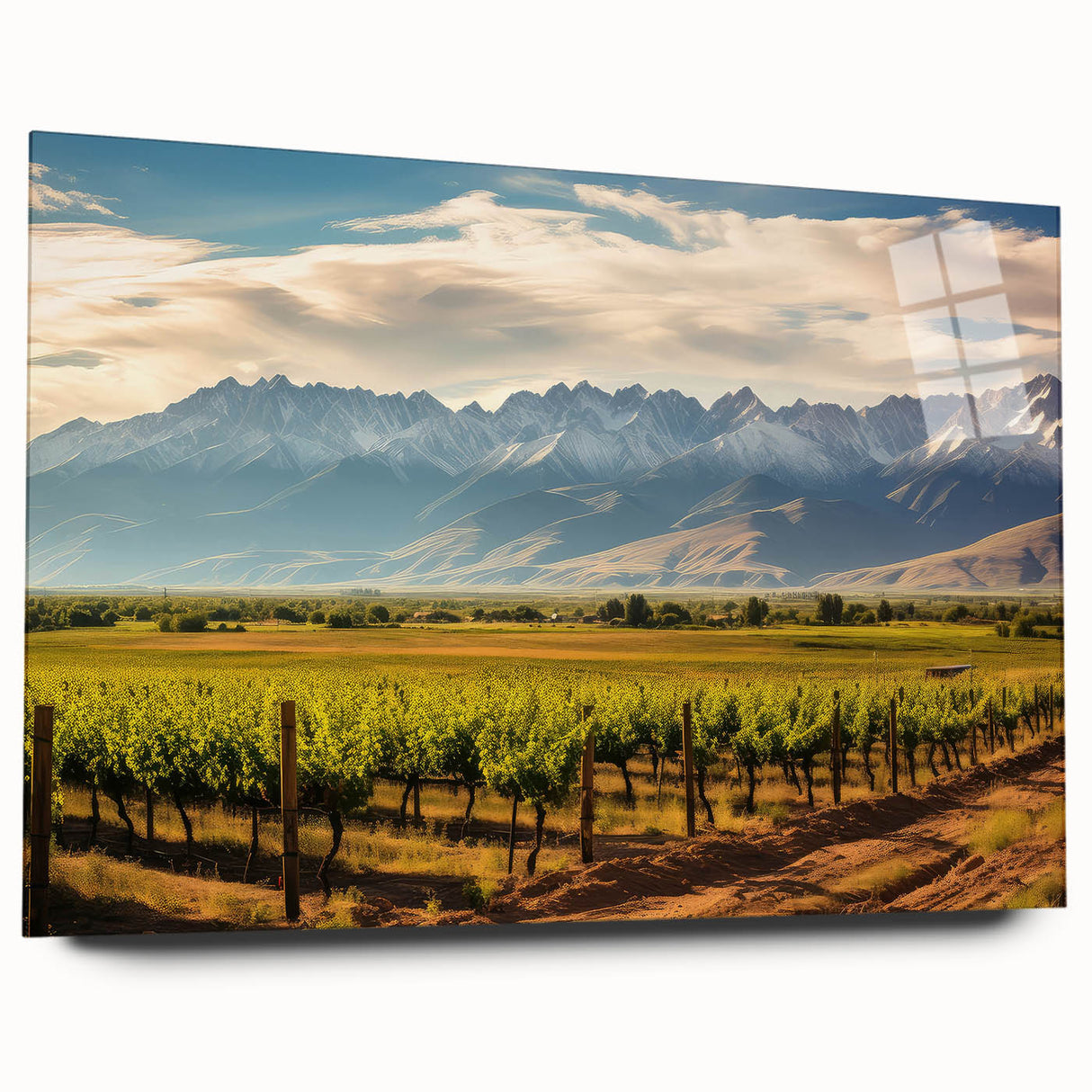 Large abstract wall art of Argentine scenery in muted earth tones on acrylic glass, ideal for bedroom or dining room decor.