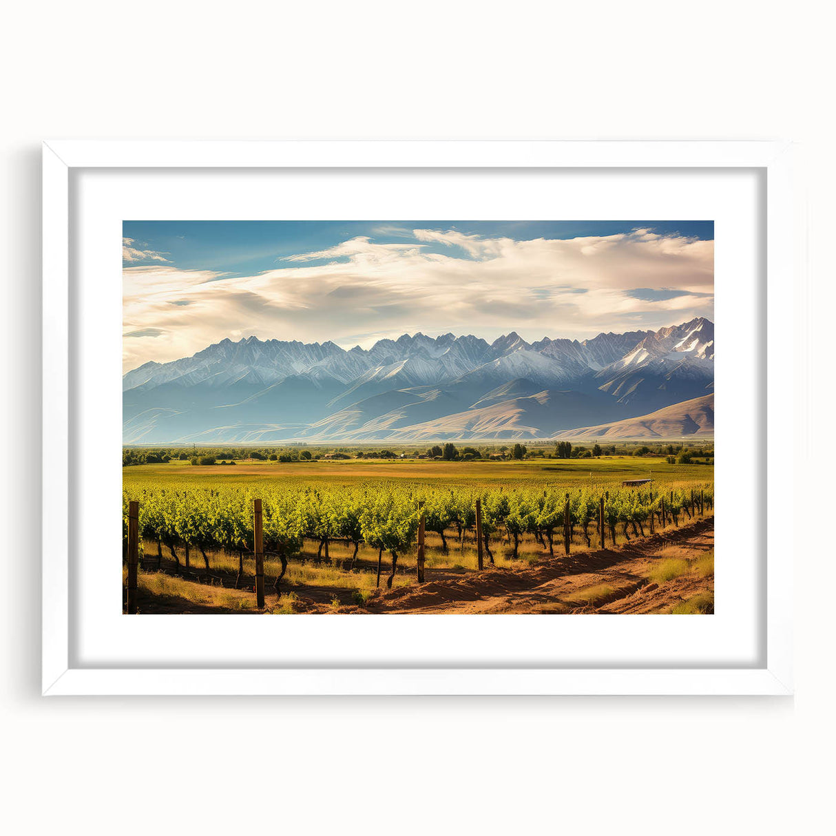Abstract art print of an Argentine landscape in soft pastel hues on a white framed mat, ideal for dining room decor.
