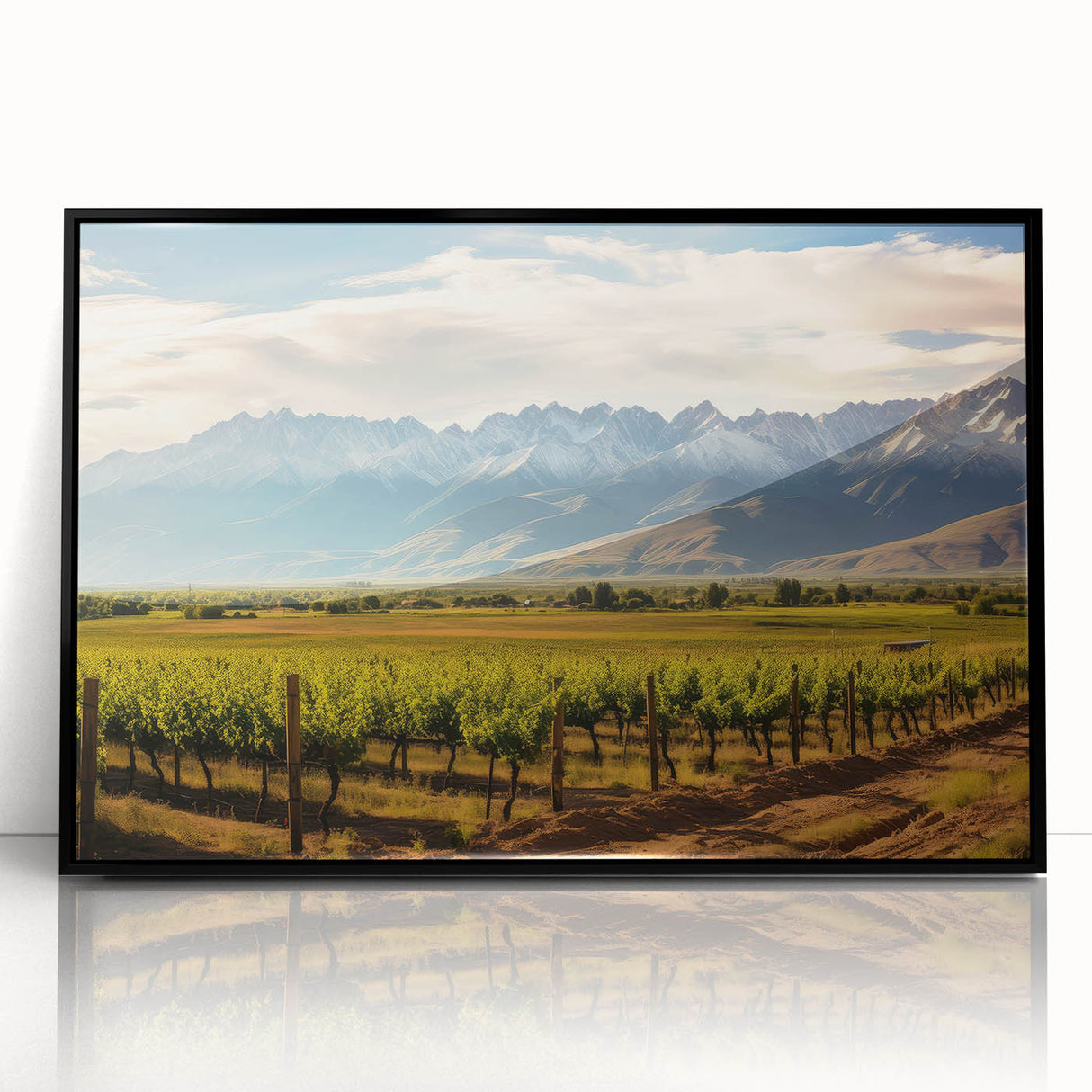 Large abstract wall art depicting a South American scenery in muted earth tones on a framed acrylic.