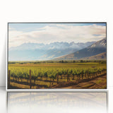Acrylic print of a serene South American landscape in muted earth tones, framed in white, suitable for nursery wall art.
