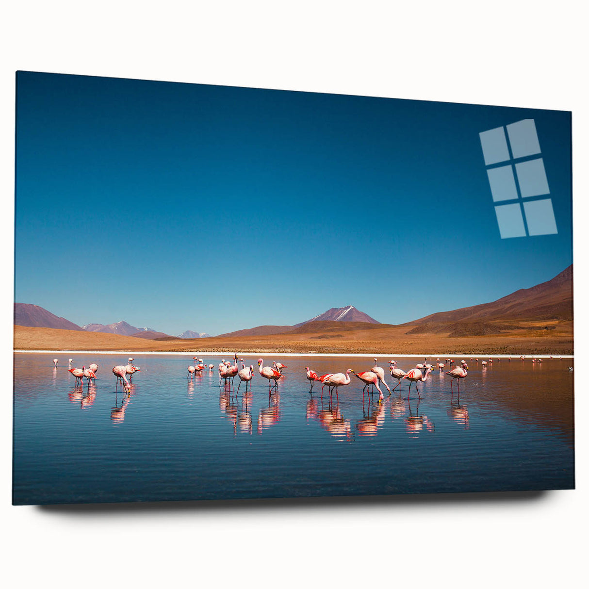 Large abstract wall art depicting a Bolivian landscape in muted earth tones on acrylic glass.