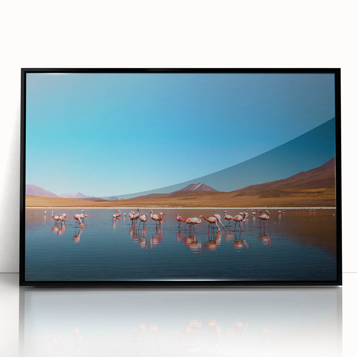 Large abstract wall art featuring a colorful Bolivian landscape in mid-century modernist style, framed in black acrylic.