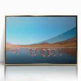 Large art print of a South American Bolivian landscape in muted earth tones, framed in gold acrylic.