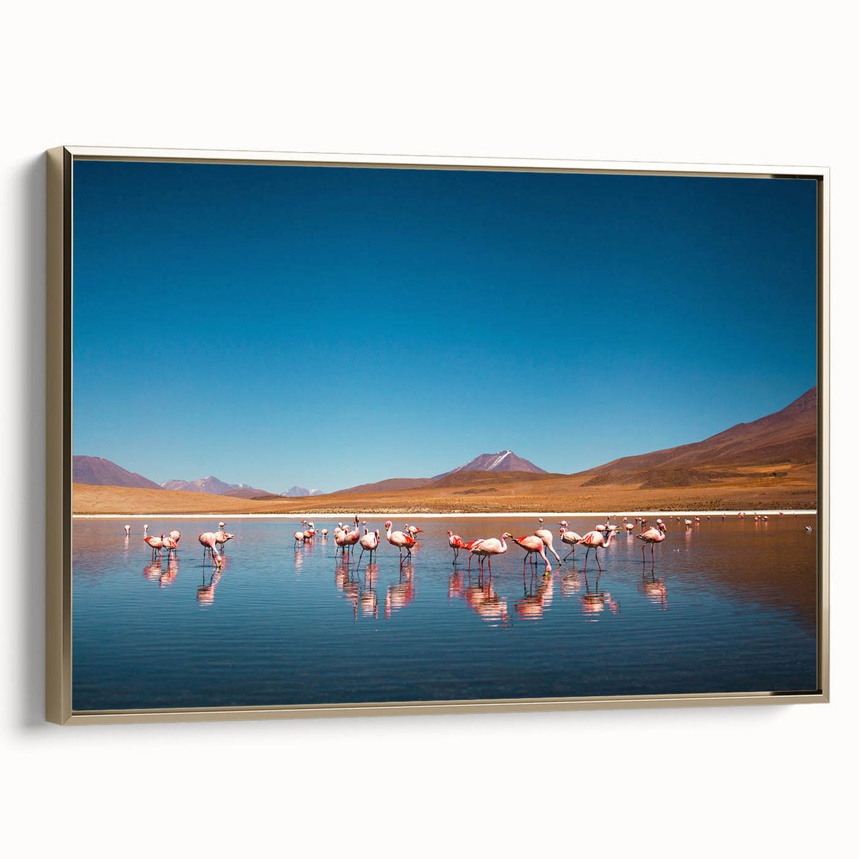 Framed canvas wall art featuring a vintage-style landscape painting of Bolivia, in gold and black tones.