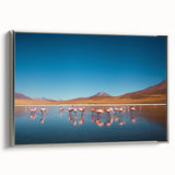 Landscape art painting of a Bolivian scenery on a silver-framed canvas, featuring vibrant colors against a black background.