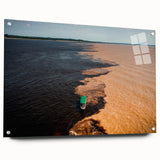 Acrylic print of a large abstract landscape, featuring vibrant blue and green tones, suitable for dining room decor.