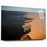 Large abstract wall art of a Brazilian landscape in vibrant green and blue tones on acrylic glass.