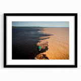 Extra large abstract art print of colorful, textured scenery in South America on a black framed canvas.