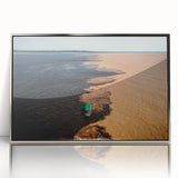 Mid-century modernist art depicting a vibrant Brazilian landscape on a silver-framed acrylic, ideal for nursery wall decor.