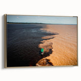 Framed canvas featuring a vintage-style landscape painting of a Brazilian scene, with muted earth tones.