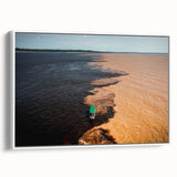 Vintage poster art of a Brazilian landscape on a white framed canvas, featuring vibrant colors, ideal for living room decor.